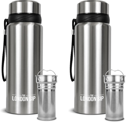 London Sip 25 oz Multi-Function Travel Mug and Tumbler Tea Infuser Water Bottle Fruit Infuser Flask Hot and Cold Double Wall Stainless Steel Coffee Thermos, Cosmic Silver