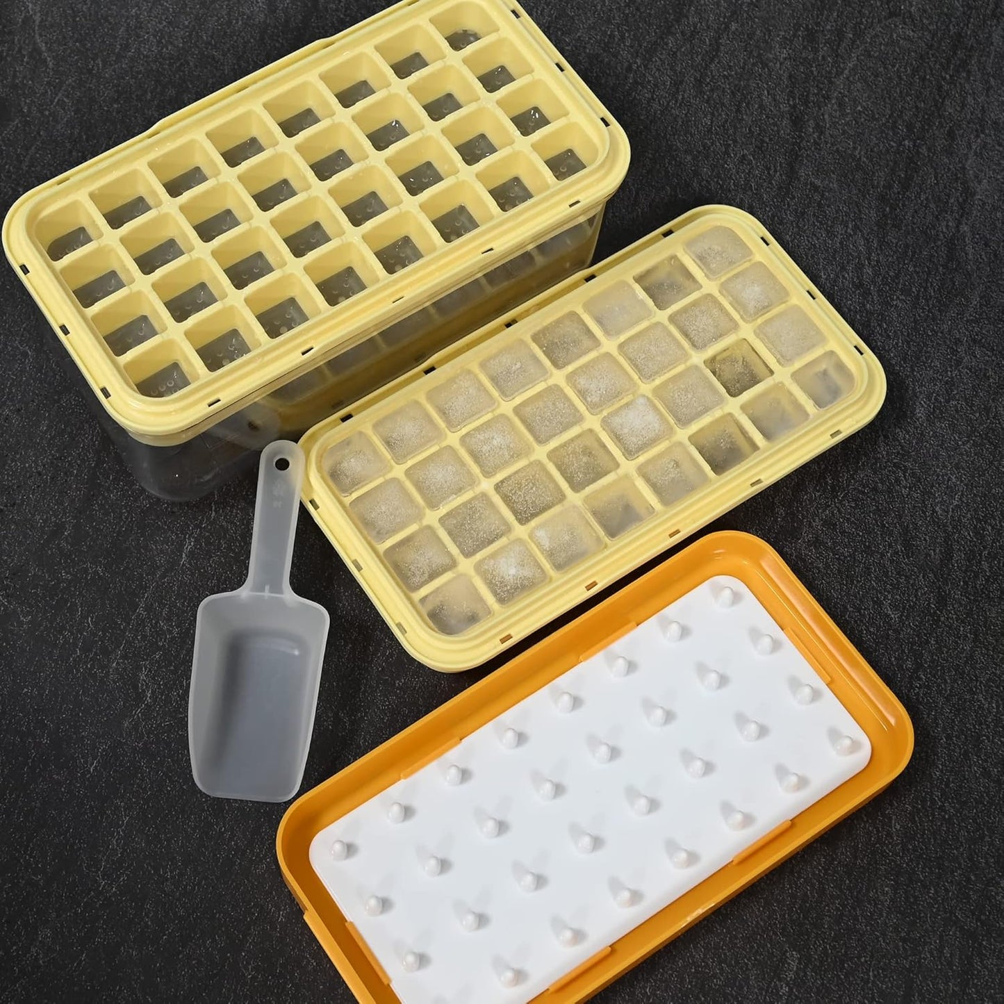 Ice Trays for Freezer with Lid & Bin, Ice Cube Tray Making 64 pcs Ice Cubes, Easy Press to Release Ice, Ice Tray with Storage Bin Chilling Cocktail Whiskey Coffee 2 Trays 1 Ice Bucket & Scoop (Black)