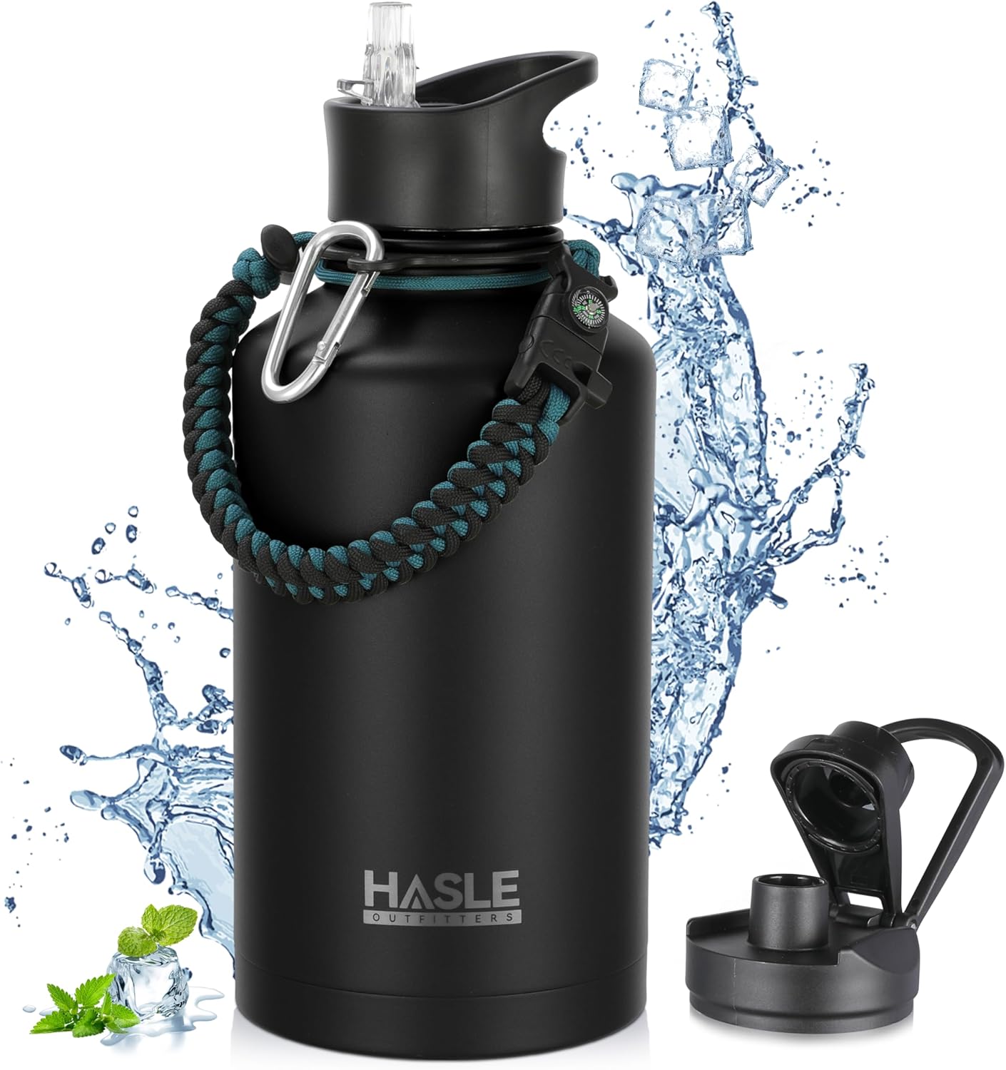 HASLE OUTFITTERS 32 oz Insulated Water Bottle Stainless Steel Double Walled Vacuum Sports Water Bottle with 2 Lids (Straw and Spout Lid) for Gym Camping Hiking(Black,1)