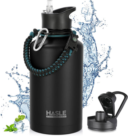 HASLE OUTFITTERS 32 oz Insulated Water Bottle Stainless Steel Double Walled Vacuum Sports Water Bottle with 2 Lids (Straw and Spout Lid) for Gym Camping Hiking(Black,1)