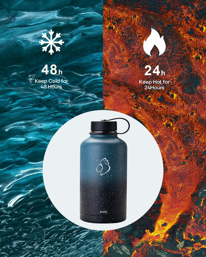 BUZIO 40oz Insulated Water Bottle, Triple Wall Vacuum Stainless Steel Water Flask with 2 lids, Lead-Free BPA-Free Straw Lid Sports Canteen Jug, Cold 48H & Hot 24H- Black - Colors A