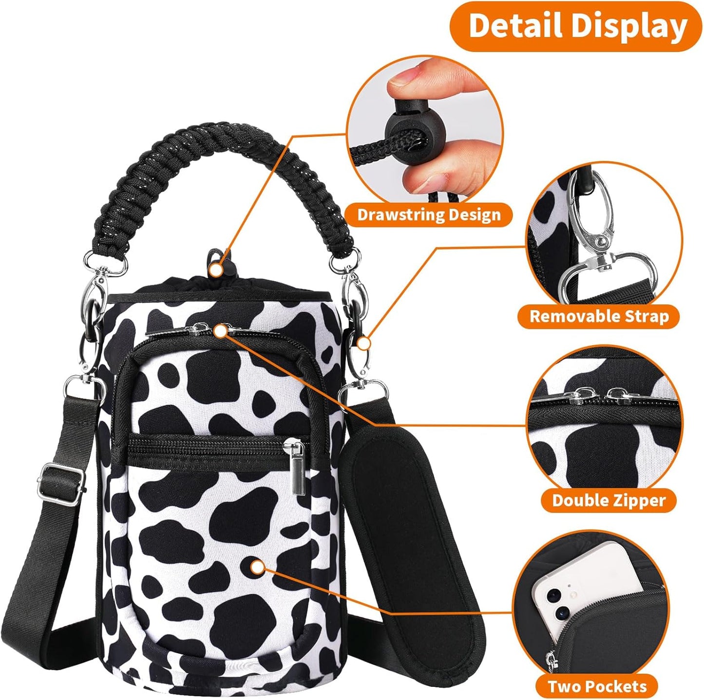 AceTreker 32/40/64/128 oz Neoprene Insulated Water Bottle Carrier Bag, Sling Bag Sleeve Pouch Holder with Strap & Paracord Handle and 2 Pocket for Travelling, Hiking, Camping