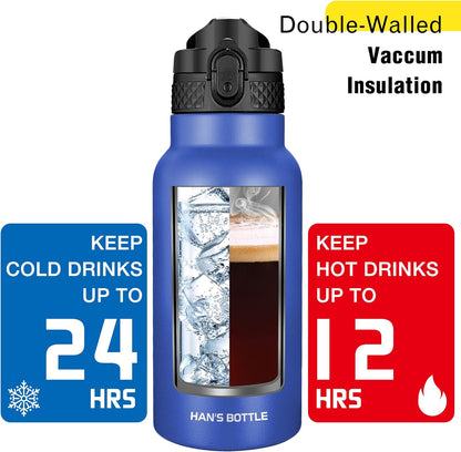 Han's Bottle Sports Water Bottle - 24 Oz, Straw Lid, Leak Proof, Vacuum Insulated Stainless Steel, Double Walled, Thermo Mug,Black