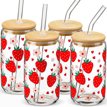 DWTS DANWEITESI Glass Cups with Lids and Straws 4 pcs,16oz Drinking Glasses Set for Coffee Bar Accessories,Iced Coffee Cups with Lids,Matcha Cup Glass Tumbler Reusable for Gifts