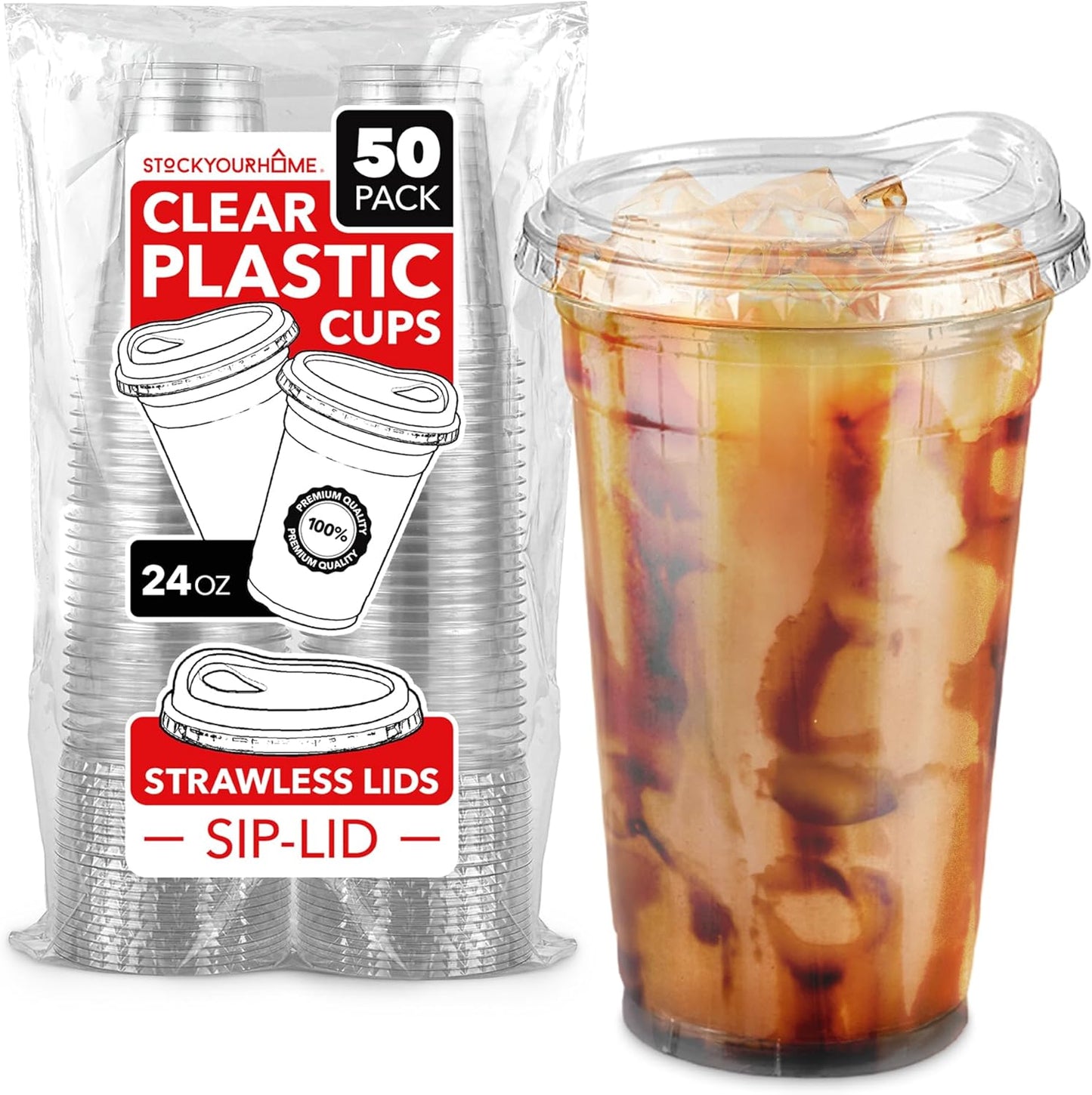 16 oz Clear Plastic Cups with Lids Disposable, Togo Drinking Cup with Strawless Sip Lid for Smoothie, Cold Brew Iced Coffee, Lemonade, Ice Latte, Boba, Party Drinks, Bulk, 16 Ounce (Set of 50)