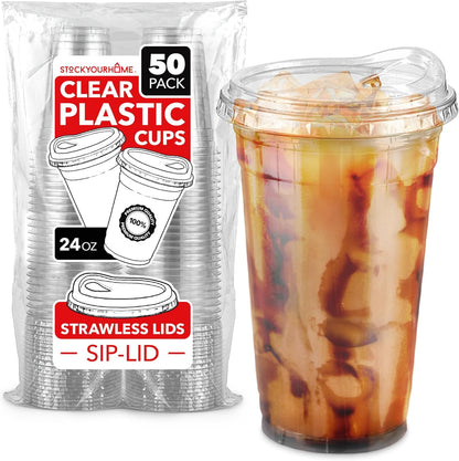 16 oz Clear Plastic Cups with Lids Disposable, Togo Drinking Cup with Strawless Sip Lid for Smoothie, Cold Brew Iced Coffee, Lemonade, Ice Latte, Boba, Party Drinks, Bulk, 16 Ounce (Set of 50)