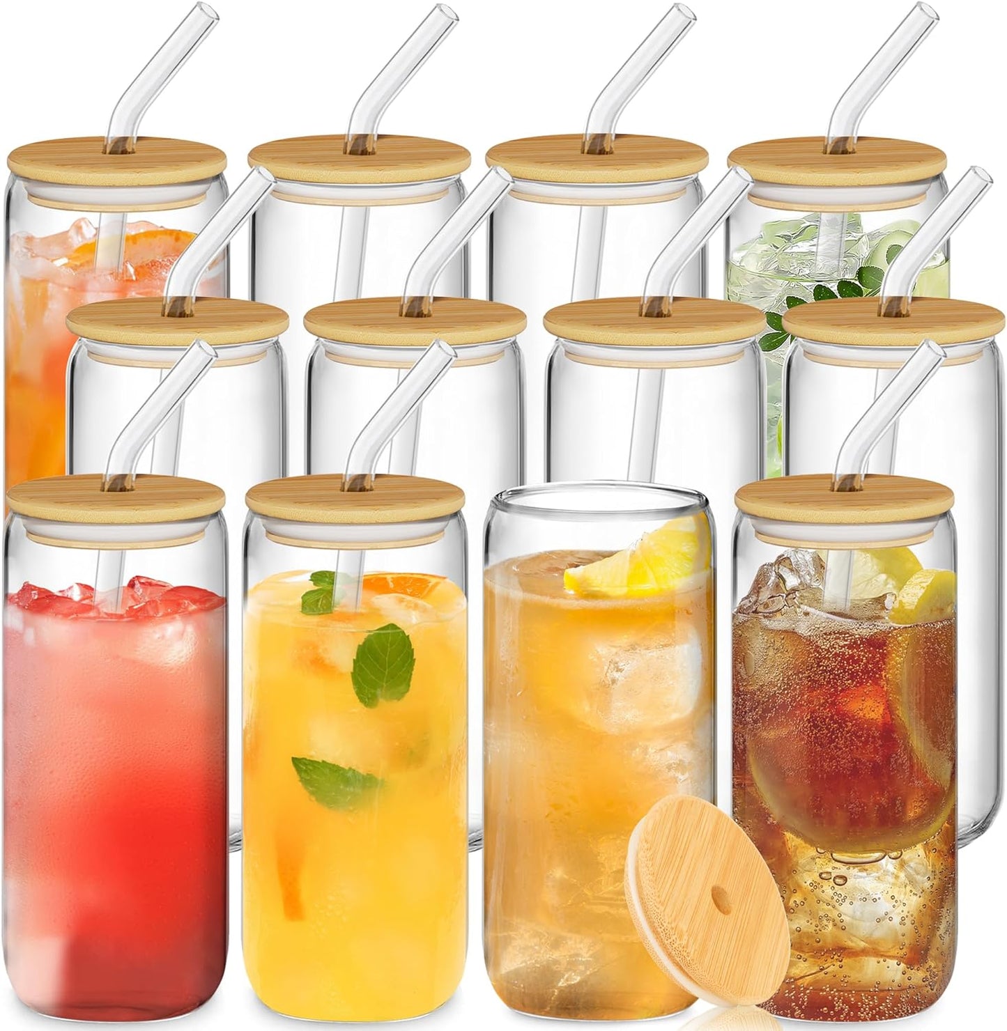 12 Pcs Glass Cups with Bamboo Lids and Straws - 16oz Glass Tumbler, Iced Coffee Cup, Can Shaped Drinking Glasses for Coffee, Tea, Smoothie, Juice, Cocktail Include 2 Cleaning Brushes