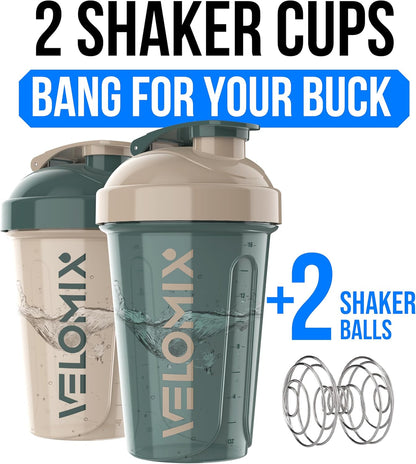 VELOMIX -2 Pack- 20 oz Protein Shaker Bottles for Protein Mixes - 2x Wire Whisk | Leak Proof Shaker Cups for Protein Shakes and Pre Workout | Protein Shaker Bottle Pack (Black/Transparent)