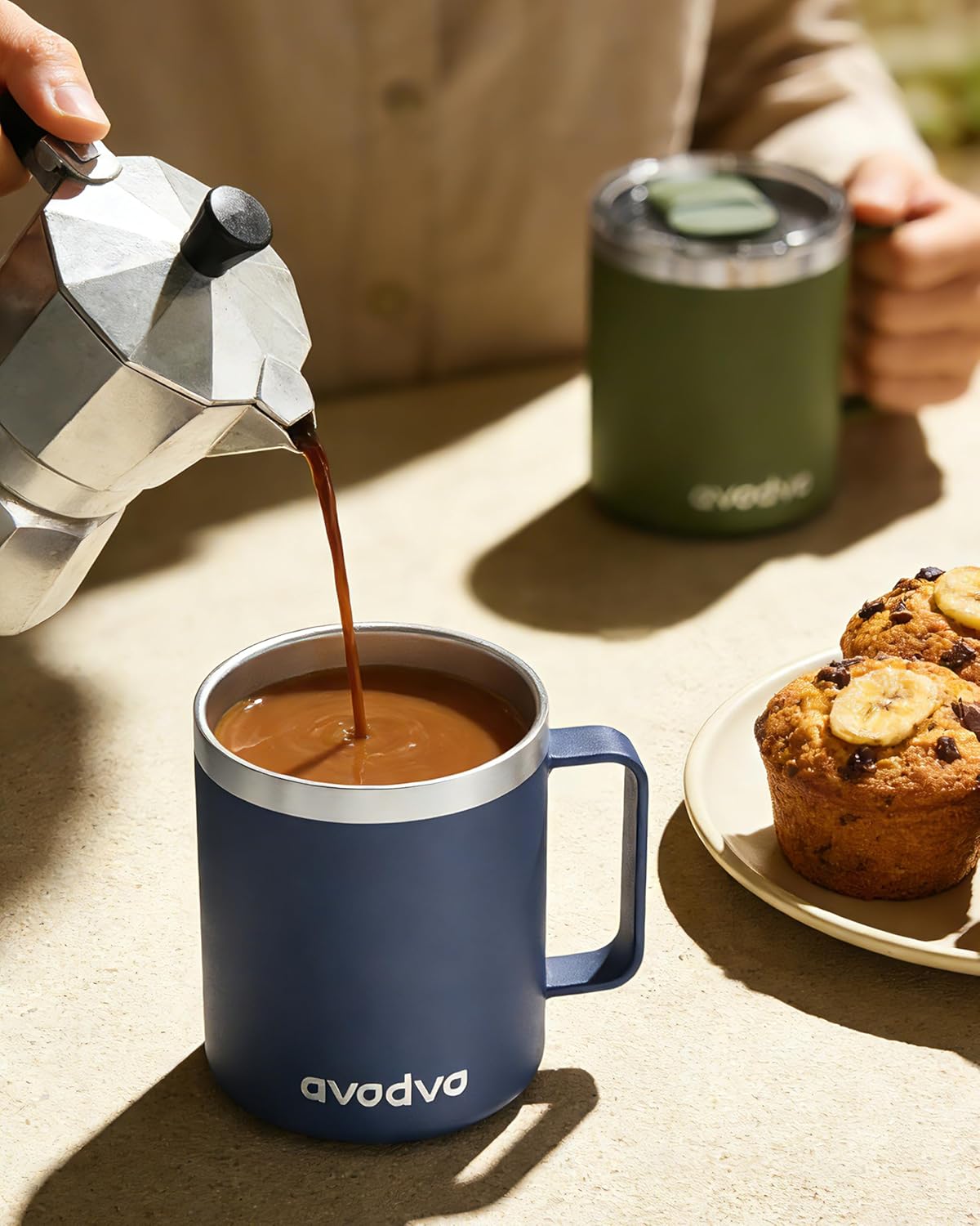 12oz Insulated Coffee Mug with Lid – Includes Two Lids, Stainless Steel Coffee Travel Mug with Handle, Double Wall Vacuum Insulated Camping Mug for Home, Office & Outdoor, Navy Blue