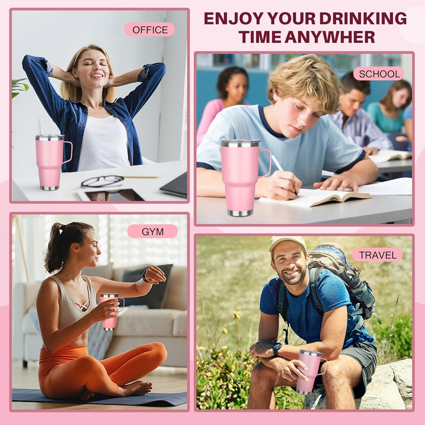 40 oz Tumbler with Handle, Insulated Tumbler with Lid and Straw, Reusable Stainless Steel Vacuum Insulated Cup, 100% Leak Proof Thermal Travel Coffee Mug Cup for Cold and Hot (Light Purple)
