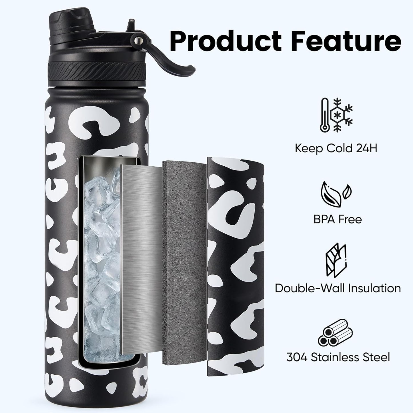 Fijinhom 18 oz Insulated Water Bottle, 2-in-1 Straw and Spout Lid Stainless Steel Thermos, Leak-Proof, Double Wall Vacuum Flask, Keep Cold 24H for Outdoor, Sports, Travel, School (Black)