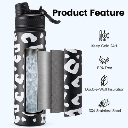 Fijinhom 18 oz Insulated Water Bottle, 2-in-1 Straw and Spout Lid Stainless Steel Thermos, Leak-Proof, Double Wall Vacuum Flask, Keep Cold 24H for Outdoor, Sports, Travel, School (Black)