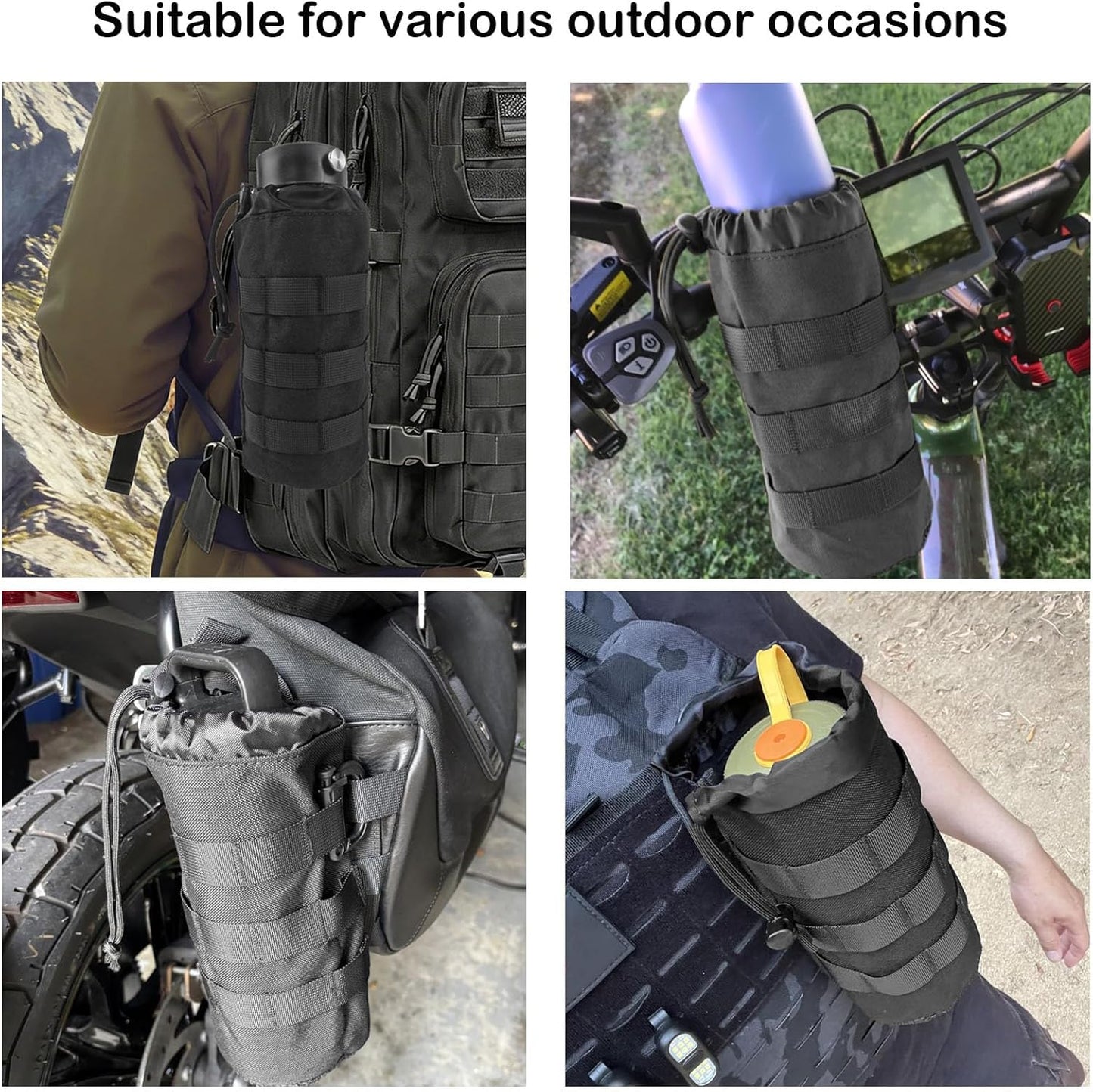 Tactical MOLLE Water Bottle Holder, Upgraded Water Bottle Pouch with Drawstring Open Top & Mesh Bottom, 16/24/25/32oz Water Bottle Carrier Bag with D-Ring Hook for Backpack