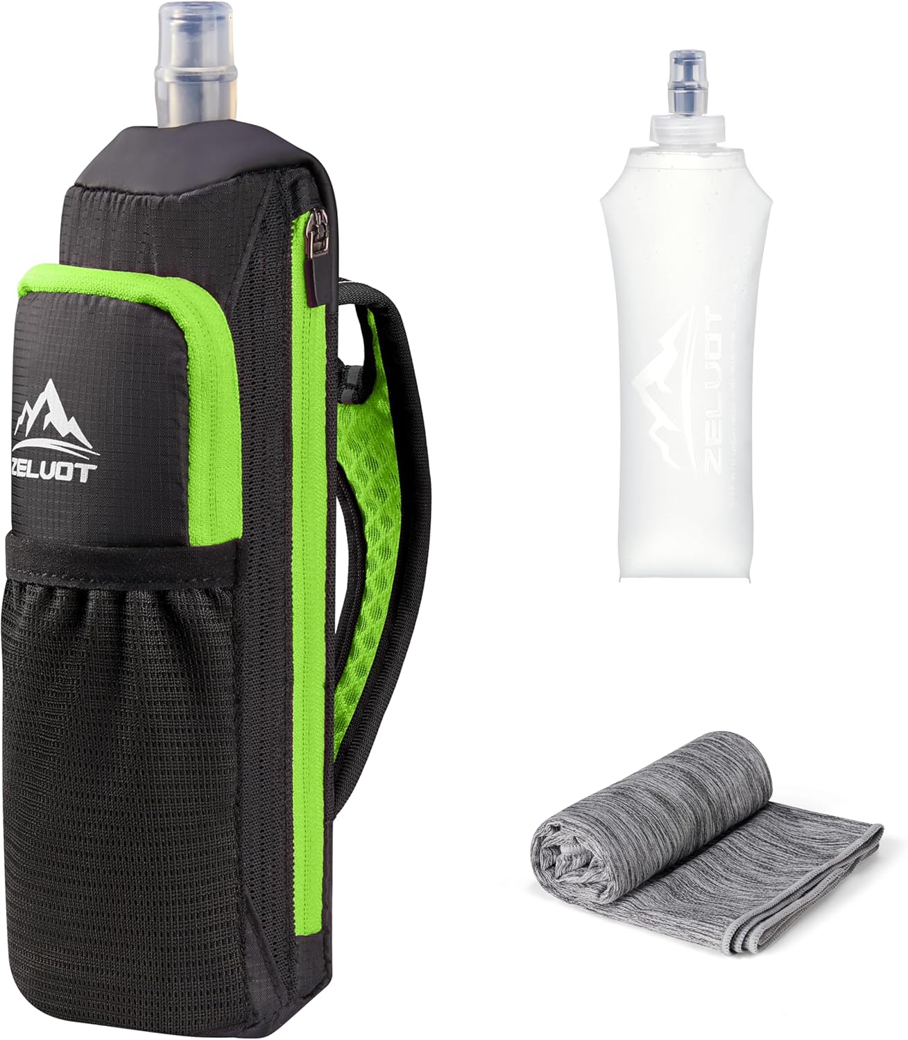 Zelvot Handheld Water Bottle Running, 17 oz Running Water Bottle Hand with Sport Towel and Phone Holder, BPA Free Hand Held Soft Flask with Adjustable Hydration Pack for Runners (Orange)