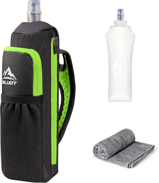 Zelvot Handheld Water Bottle Running, 17 oz Running Water Bottle Hand with Sport Towel and Phone Holder, BPA Free Hand Held Soft Flask with Adjustable Hydration Pack for Runners (Orange)