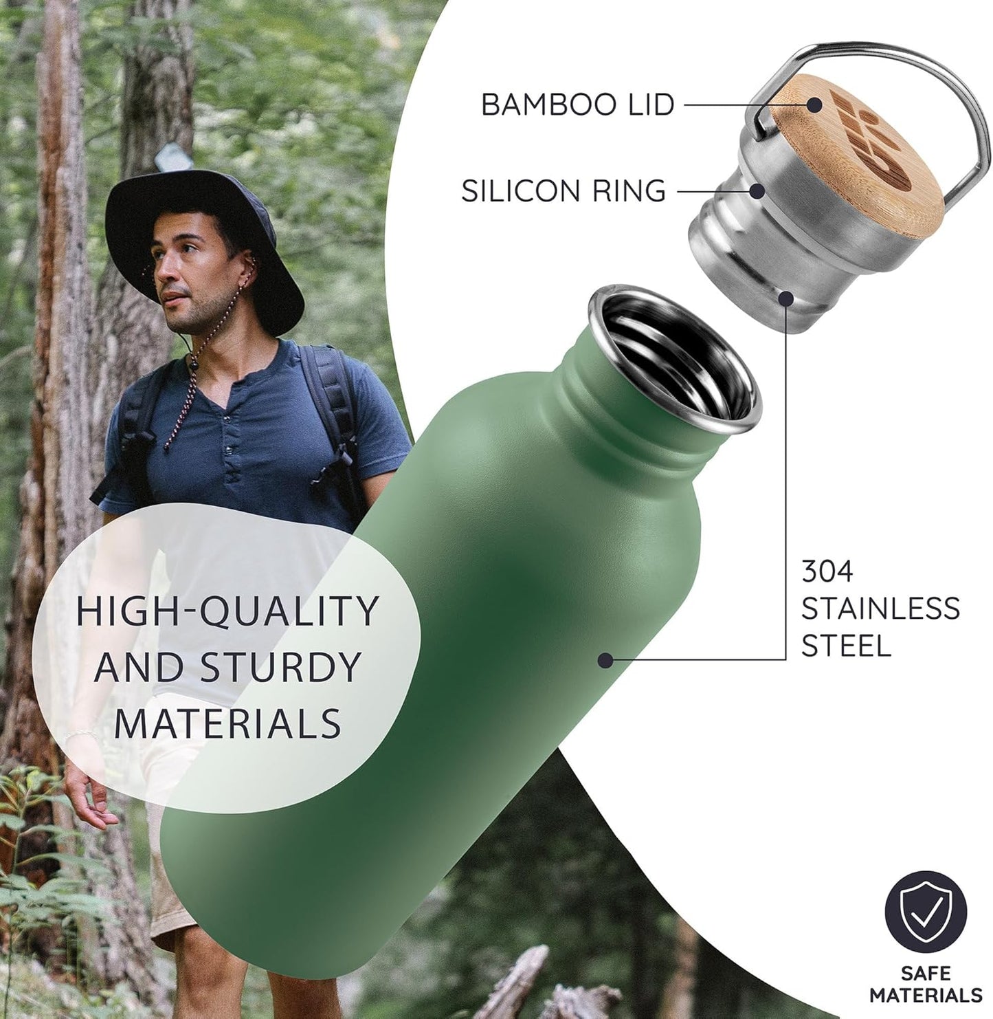 Bambaw Stainless Steel Water Bottles 32 oz, Non-insulated Single Wall Metal Water Bottle Stainless Steel, Reusable & Eco Friendly, Dishwasher Safe – Silver | Non-insulated