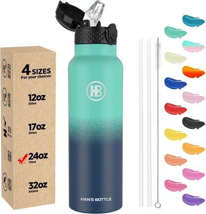 Han's Bottle Sports Water Bottle - 24 Oz, Straw Lid, Leak Proof, Vacuum Insulated Stainless Steel, Double Walled, Thermo Mug,Black