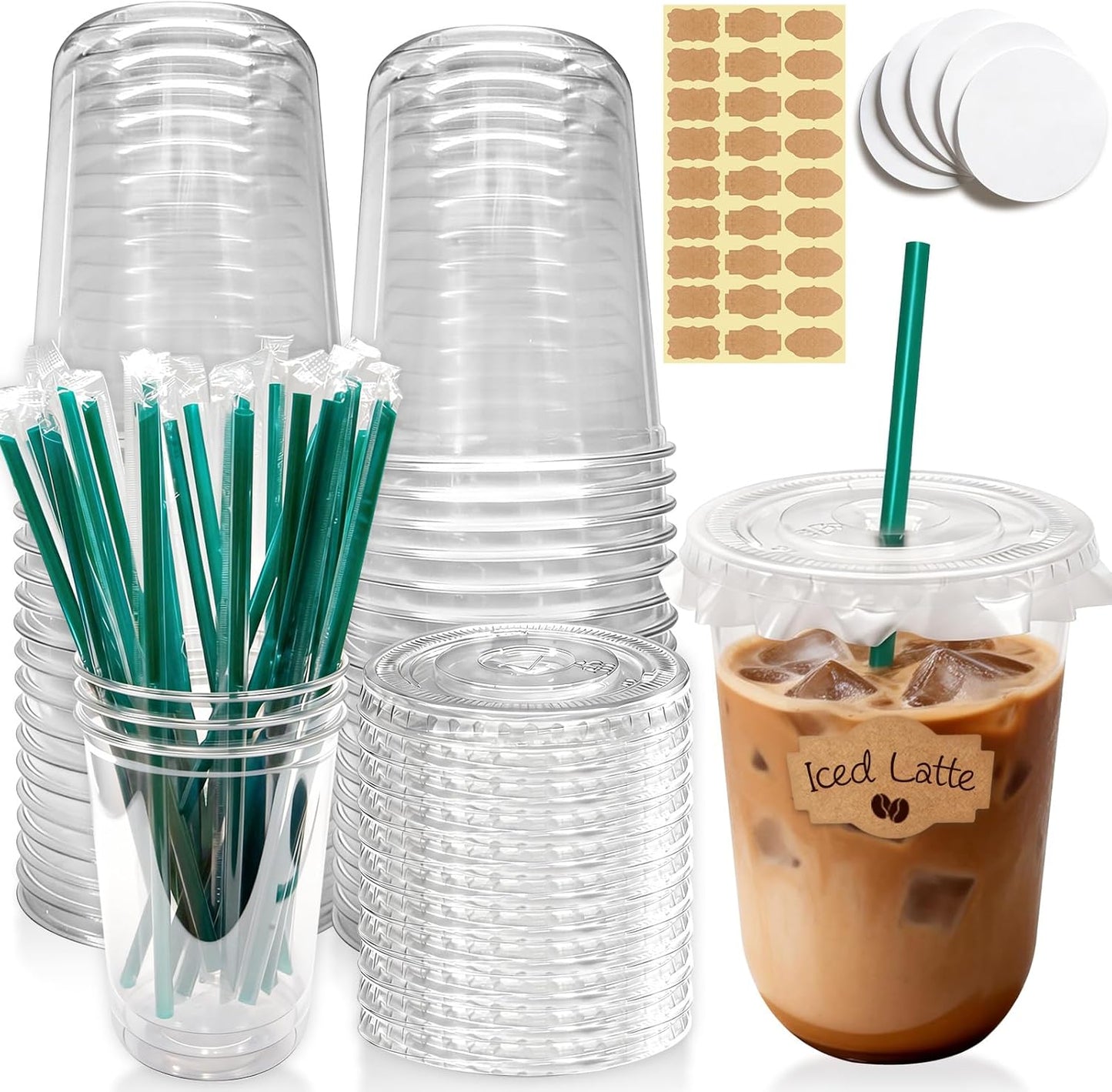 25 Sets 16 oz Clear Plastic Cups with Lids and Straws, Disposable Iced Coffee Cups for Cold Beverages, Smoothies, Bubble Tea, Includes Leak-Proof Paper and Stickers