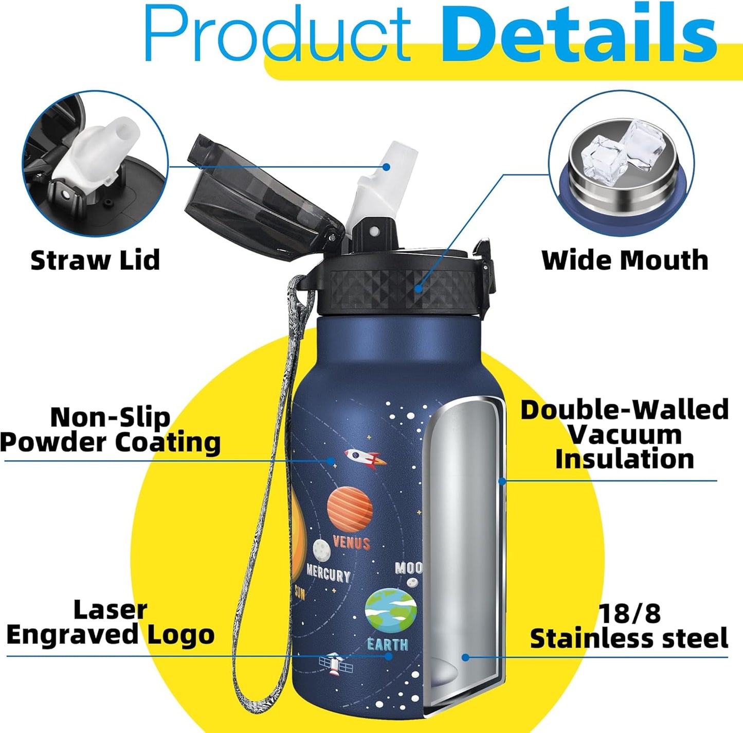 Han's Bottle Sports Water Bottle - 24 Oz, Straw Lid, Leak Proof, Vacuum Insulated Stainless Steel, Double Walled, Thermo Mug,Black