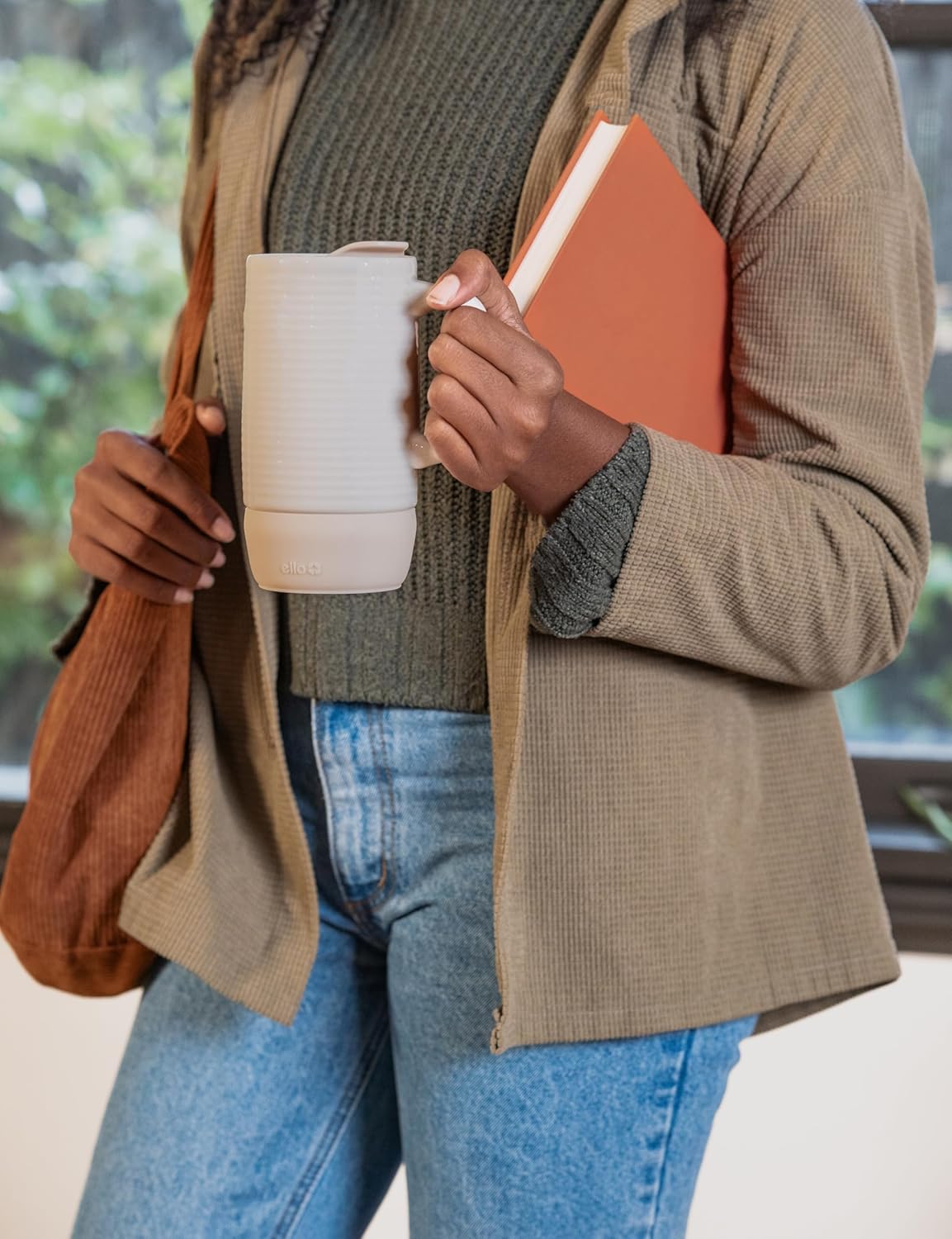 Ello Jane 18oz Ceramic Travel Mug with Handle, Splash-Resistant Slider Lid and Built-in Coaster, Perfect for Coffee and Tea, BPA Free, Dishwasher Safe, Gift for Him Her Mother's Day Birthday, Sandbar
