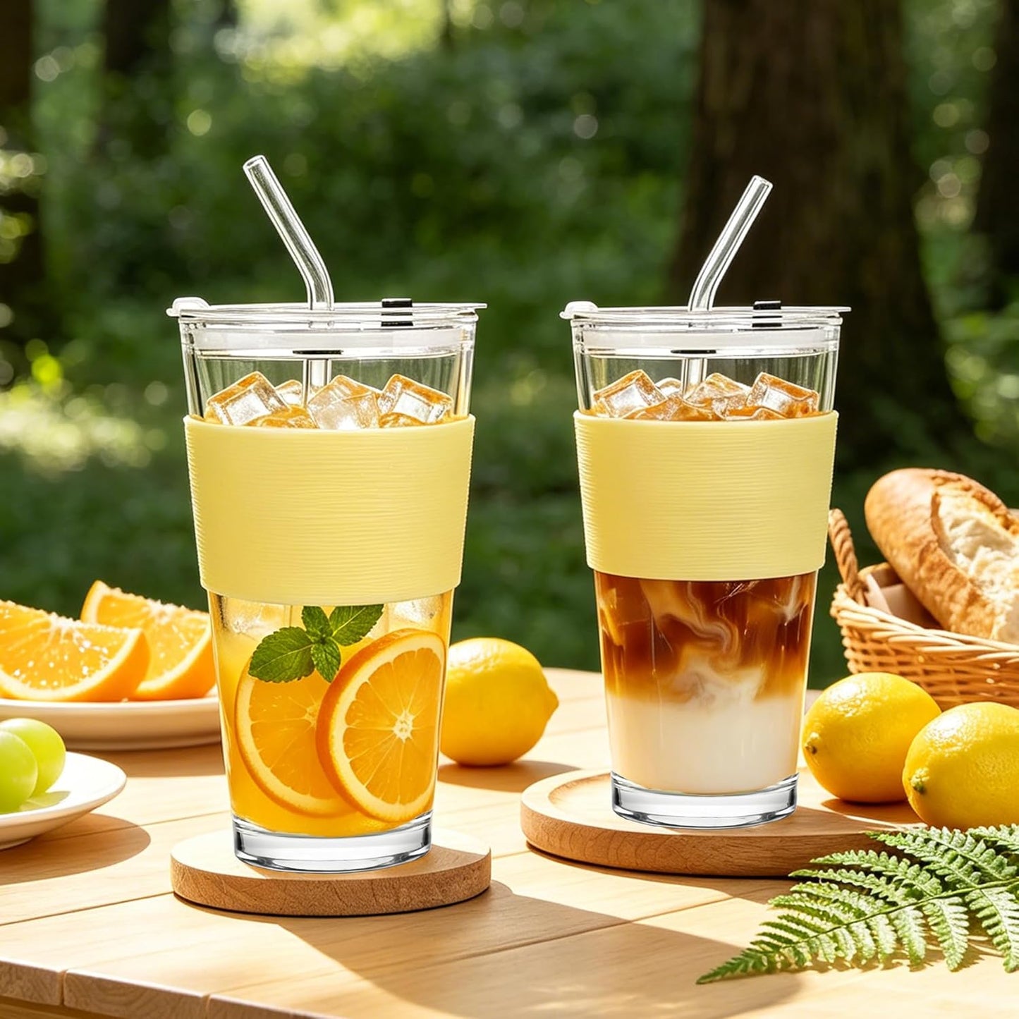 2Pack 40OZ Glass Tumbler with Handle,Glass Cup with Lid and Straw,Reusable Glass Iced Coffee Cup for Beer, Smoothies, Juice,Hot/Cold Drinks-Suitable for Birthday,Wedding