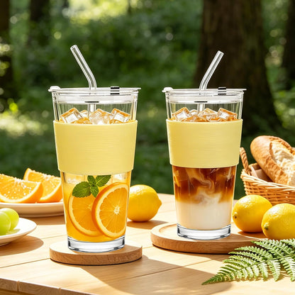 2Pack 40OZ Glass Tumbler with Handle,Glass Cup with Lid and Straw,Reusable Glass Iced Coffee Cup for Beer, Smoothies, Juice,Hot/Cold Drinks-Suitable for Birthday,Wedding