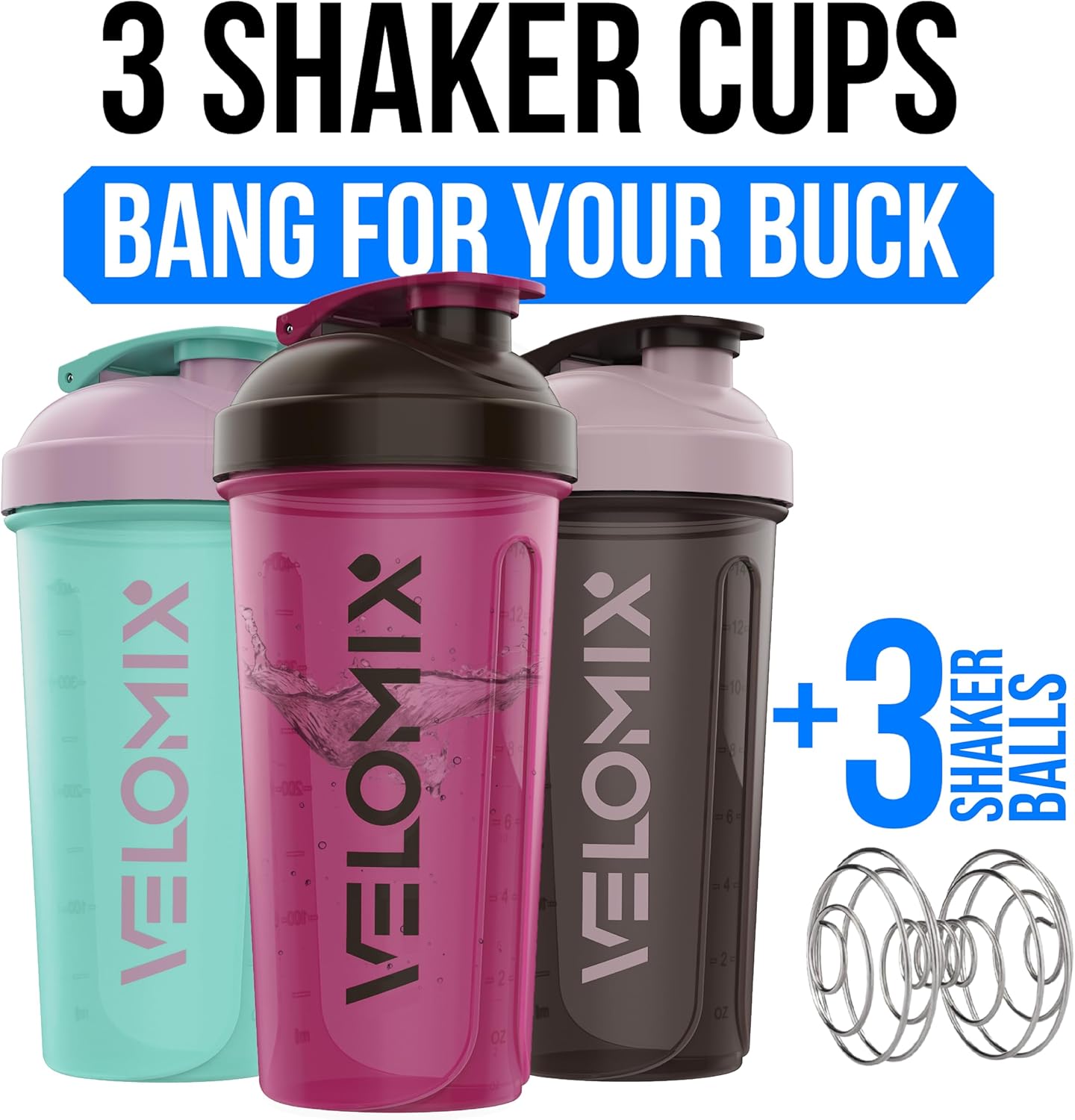 VELOMIX -3 PACK- 14 oz Protein Shaker Bottle for Protein Mixes - 3x Wire Whisk | Leak Proof Shaker Cups for Protein Shakes | Stackable Protein Shaker Bottle Pack | Dishwasher Safe (Mixed Colors)