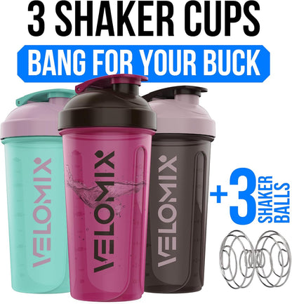 VELOMIX -3 PACK- 14 oz Protein Shaker Bottle for Protein Mixes - 3x Wire Whisk | Leak Proof Shaker Cups for Protein Shakes | Stackable Protein Shaker Bottle Pack | Dishwasher Safe (Mixed Colors)