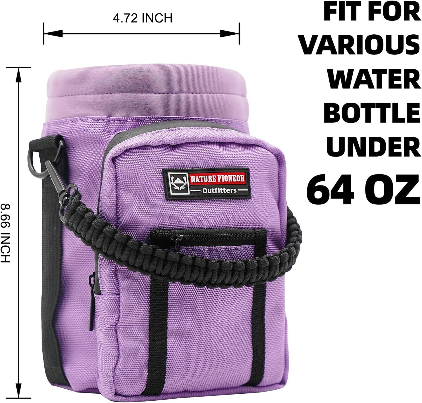 NATURE PIONEOR Water Bottle Holder with Adjustable Strap - 26/32/36/40/46/64oz Insulated Water Bottle Sling Carrier with Paracord Handle & 2 Pockets, Outdoor Sports, Hiking, Camping, Gym