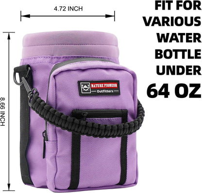 NATURE PIONEOR Water Bottle Holder with Adjustable Strap - 26/32/36/40/46/64oz Insulated Water Bottle Sling Carrier with Paracord Handle & 2 Pockets, Outdoor Sports, Hiking, Camping, Gym