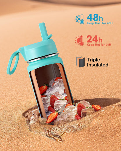 Half Gallon Water Bottle Insulated with Straw & 3 Lids, Coolflask 64 oz Water Jug Large Metal Stainless Steel Wide Mouth for Sports, Gym or Office, Non-BPA Keep Cold 48H Hot 24H, Samurai Cyan