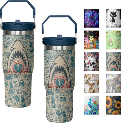 30 oz Peacock Blue Flip Straw Tumbler with Top Handle for Peacock Blue Lover Resuable Vacuum Insulated Flip Top Water bottle for Home Office Car