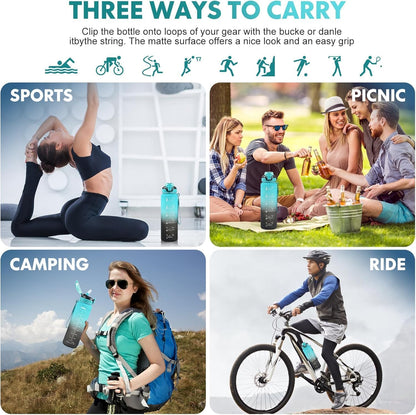 Water Bottle with Straw 1L,Boys Water Bottles with Straw 1 Litre,Waterbottle Leak-Proof Sports Water Bottle,Plastic Drinks Bottles Toxin Free，Bpa-Free (Cyan Black)