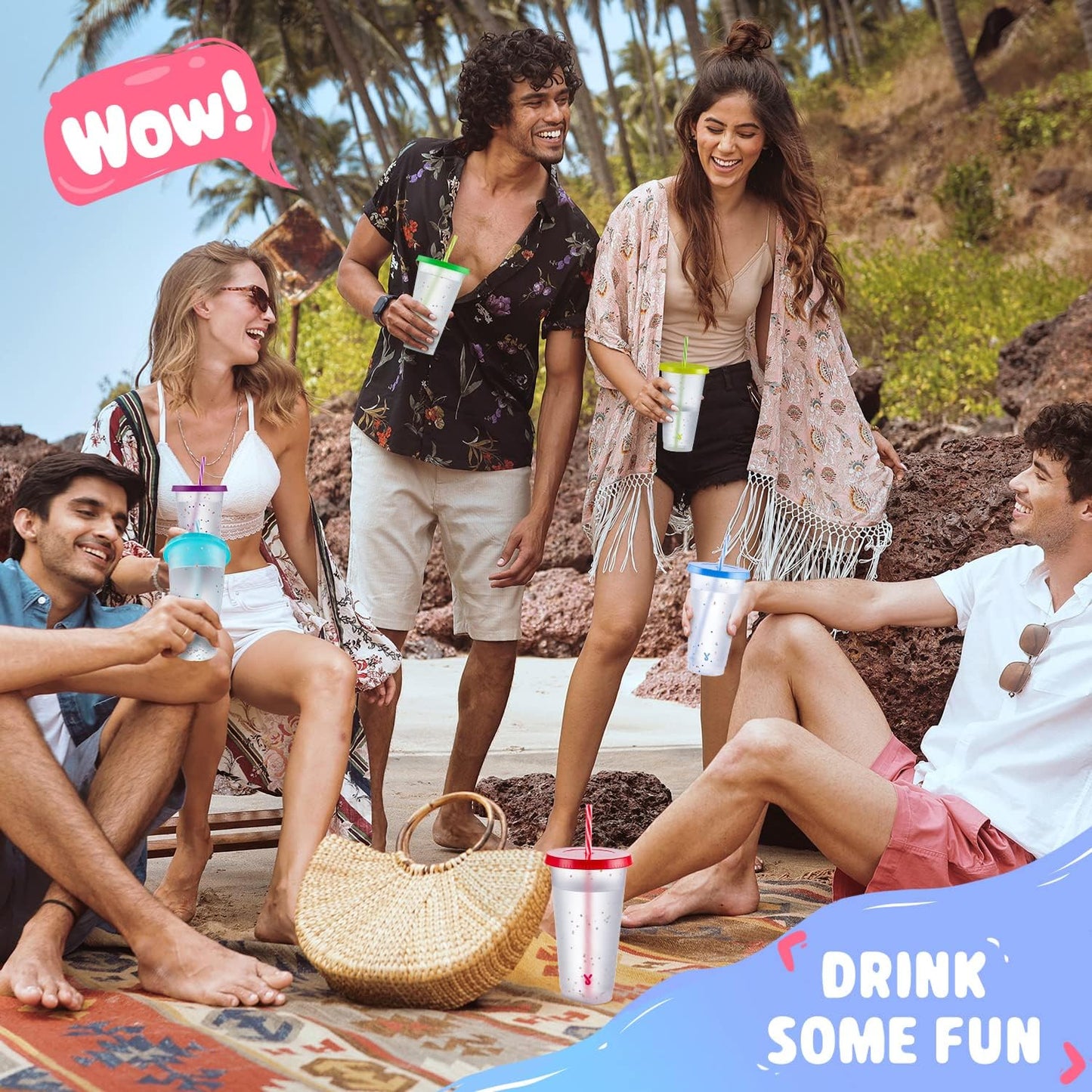 Meoky Confetti Color Changing Cups with Lids and Straws for Iced Coffee, Party, Pool - 6 Pack 24oz Reusable Plastic Tumblers for Kids and Adults