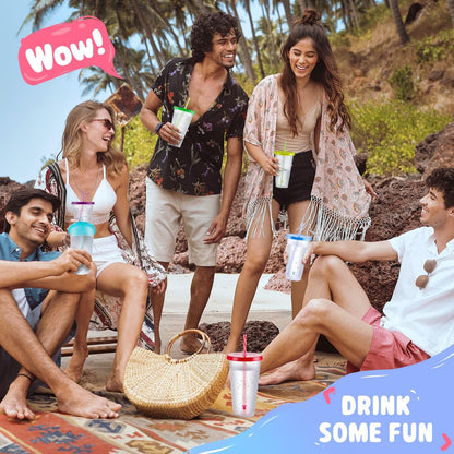 Meoky Confetti Color Changing Cups with Lids and Straws for Iced Coffee, Party, Pool - 6 Pack 24oz Reusable Plastic Tumblers for Kids and Adults