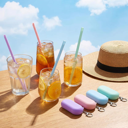 4 Set Portable Straw, Travel Straws Reusable with Case Silicone Straws Reusable for Party Travel Cold or Hot with 4 Carry Case and Cleaning Brushes (Purple,Pink,Green, Blue）