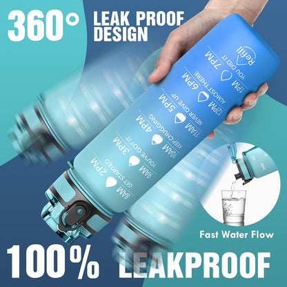 OLDLEY Water Bottle, 32oz Motivational Sports Water Bottle with Time Marker - Times to Drink - Tritan, BPA Free, Wide Mouth Leakproof, Clear (1 Bottle)