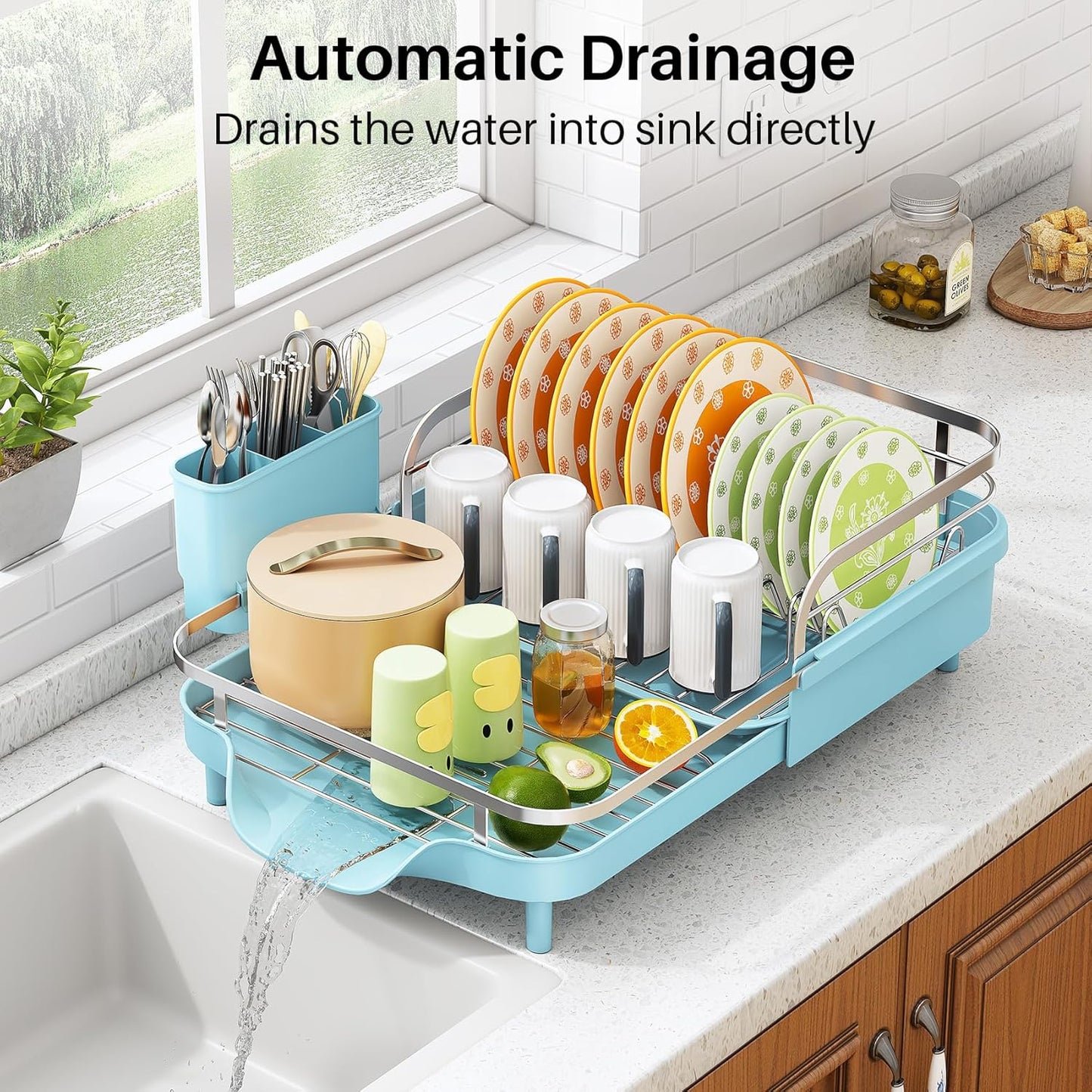 SAYZH Dish Drying Rack - Expandable Dish Rack for Kitchen Counter, Rust-Resistant Dish Drainer with Utensil Holder and Raised Guardrail, Kitchen Organizer for Cup and Bottle (Black)
