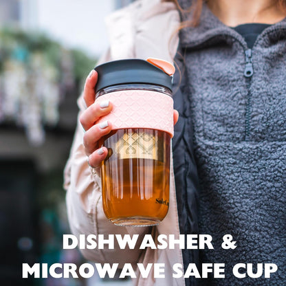 Travel Mug Loose Tea Infuser - Detachable Tea Strainer with Spillproof Lid - BPA-Free Reusable Glass Travel Coffee Cup with Silicone Band (Ice Cream, 12oz)