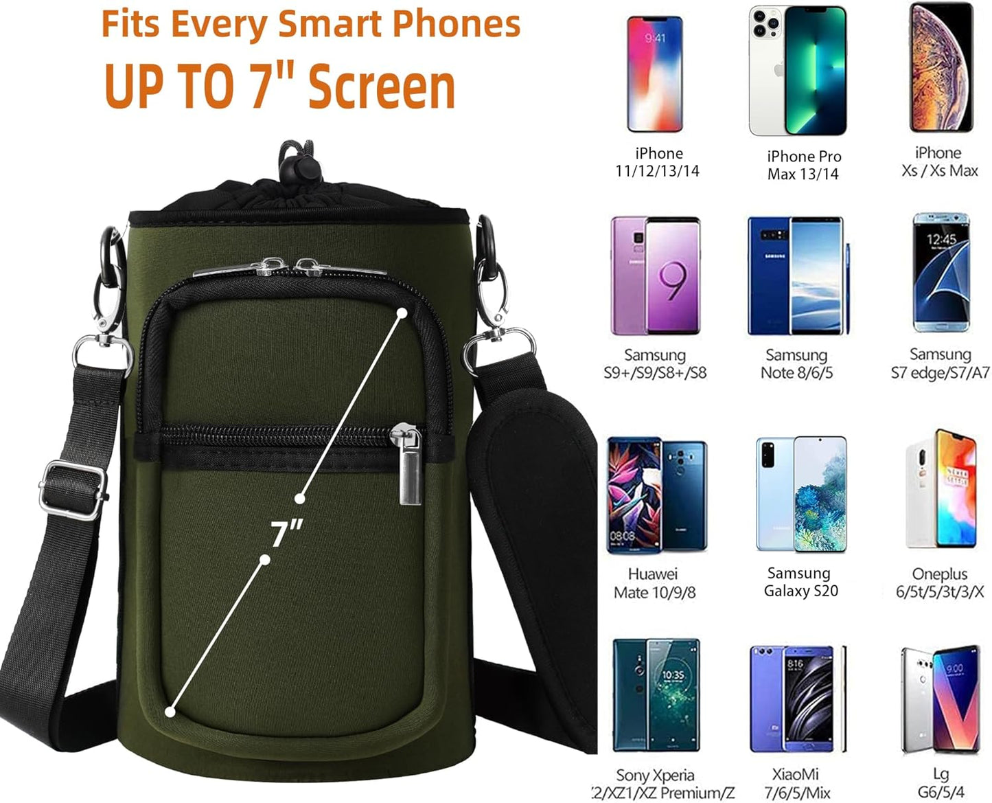 AceTreker 32/40/64/128 oz Neoprene Insulated Water Bottle Carrier Bag, Sling Bag Sleeve Pouch Holder with Strap & Paracord Handle and 2 Pocket for Travelling, Hiking, Camping