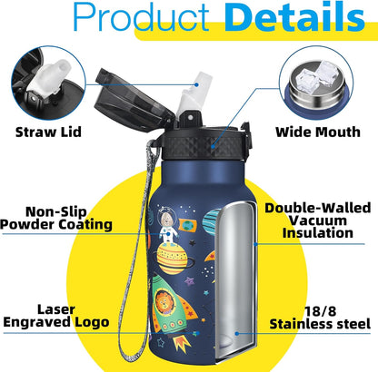 Han's Bottle Sports Water Bottle - 24 Oz, Straw Lid, Leak Proof, Vacuum Insulated Stainless Steel, Double Walled, Thermo Mug,Black