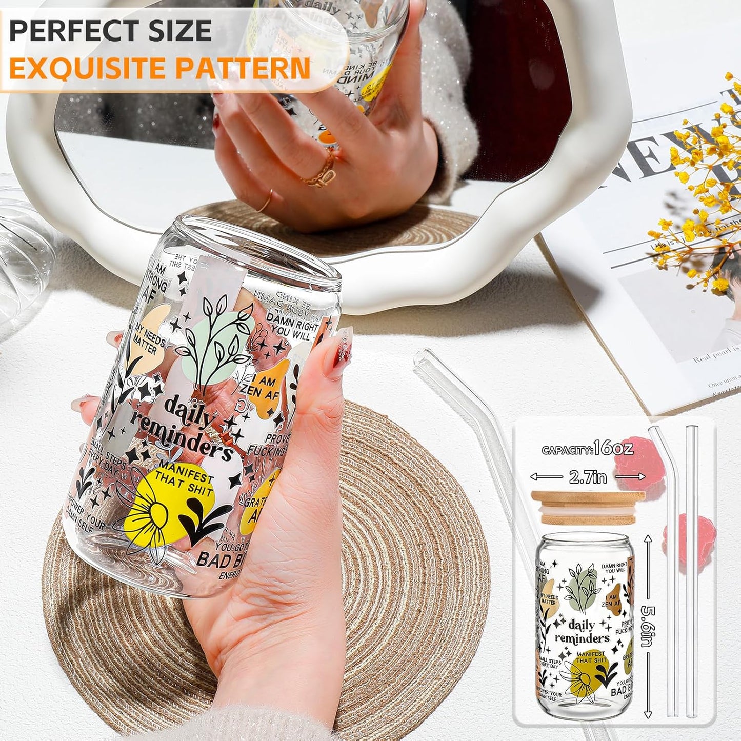 DWTS DANWEITESI Glass Cups with Lids and Straws 4 pcs,16oz Drinking Glasses Set for Coffee Bar Accessories,Iced Coffee Cups with Lids,Matcha Cup Glass Tumbler Reusable for Gifts