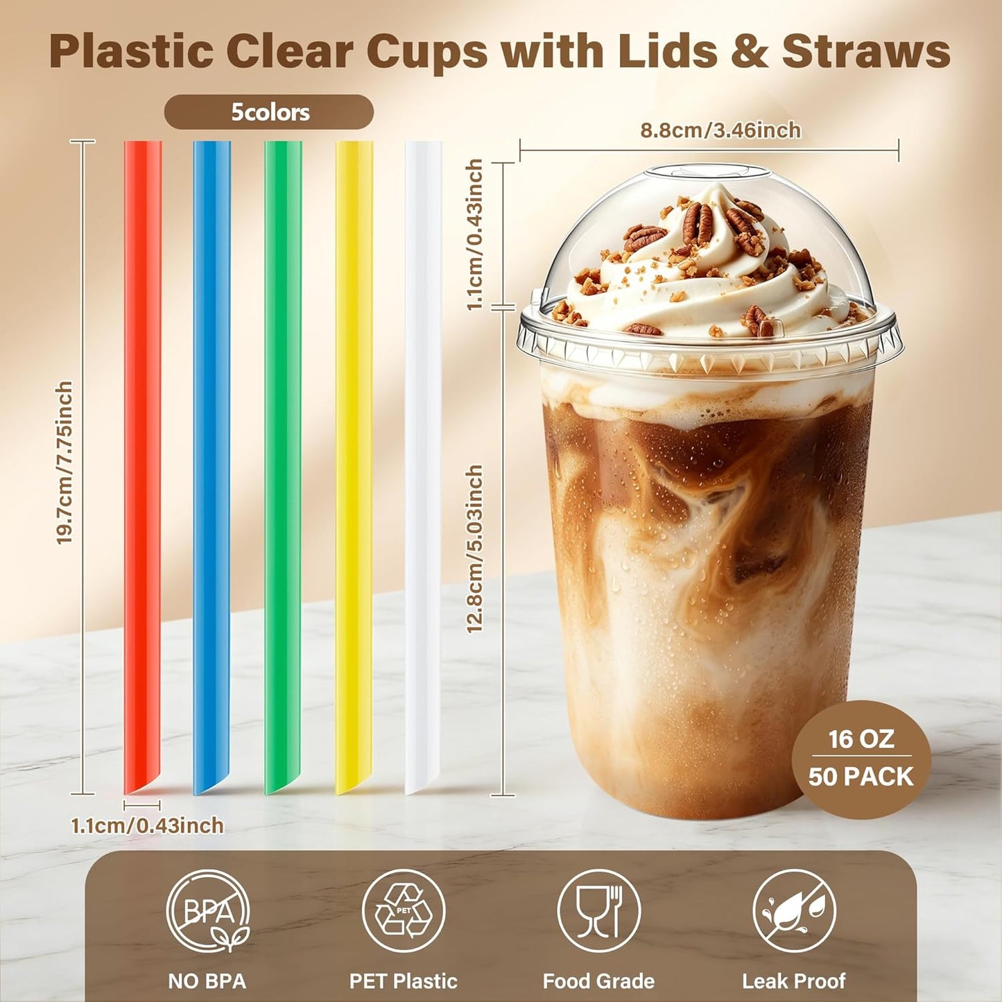 KesaPlan 50 Pack 16oz Clear Plastic Cups with Lids & Colorful Wide Straws, Disposable Smoothie Cup, Round Bottom To Go Drinking Cup for Bubble Tea, Iced Coffee, Milkshakes, Party Picnic Supply
