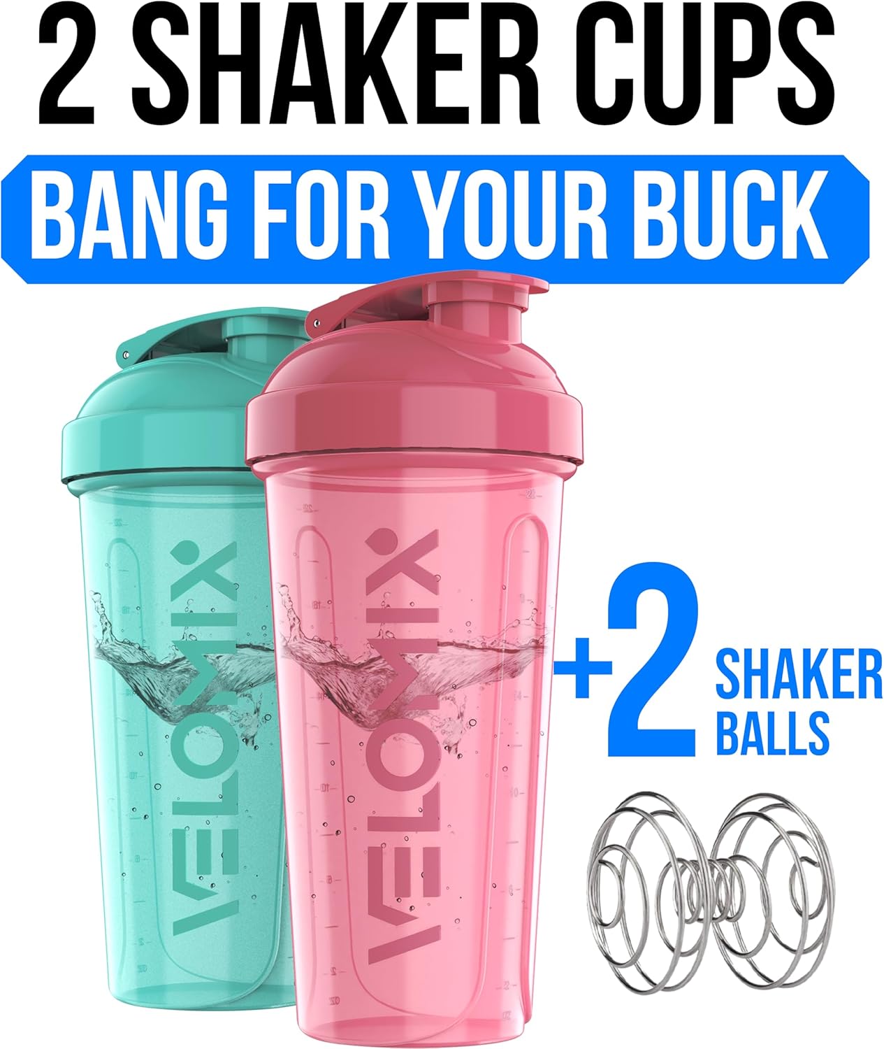 VELOMIX -2 Pack- 28 oz Protein Shaker Bottles for Protein Mixes - 2x Wire Whisk | Leak Proof Shaker Cups for Protein Shakes | Protein Shaker Bottle Pack (Black/Transparent)