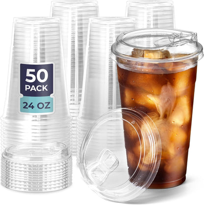 Fit Meal Prep 50 Pack 32 oz Clear Plastic Cups with Strawless Sip Lids, Disposable Plastic Coffee Cups with Lids, To Go Cups for Iced Coffee, Smoothies, Soda, Party Drinks, Bubble Tea, Cold Beverage