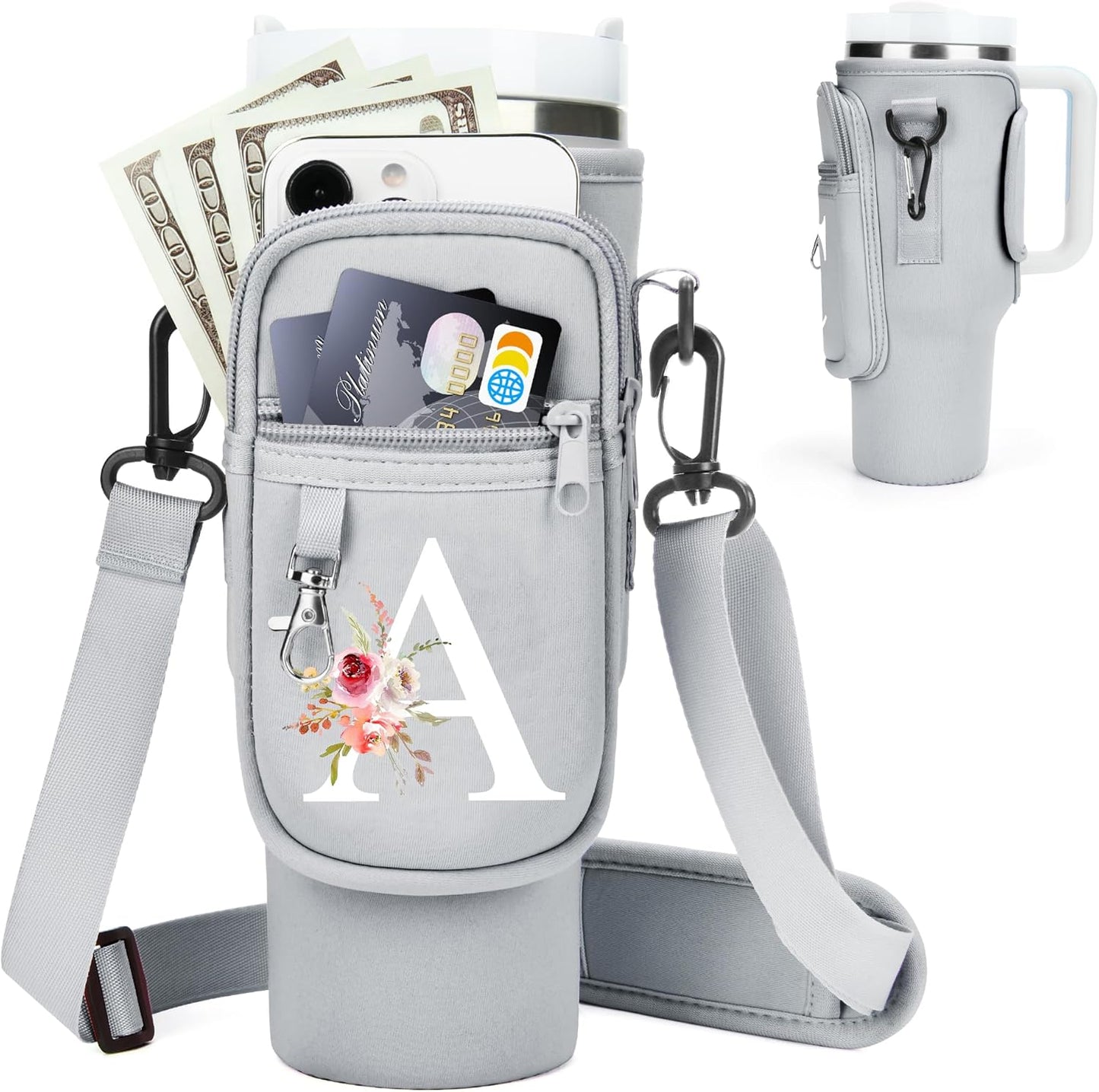 Initial Water Bottle Holder with Strap for Stanley Cup Accessories 40 oz/Simple Modern Tumbler, Birthdays for Women Girls, Water Bottle Carrier Bag with Phone Pocket,Hiking Walking Gym Camping
