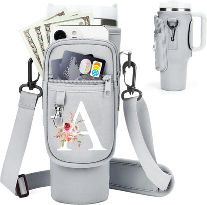 Initial Water Bottle Holder with Strap for Stanley Cup Accessories 40 oz/Simple Modern Tumbler, Birthdays for Women Girls, Water Bottle Carrier Bag with Phone Pocket,Hiking Walking Gym Camping