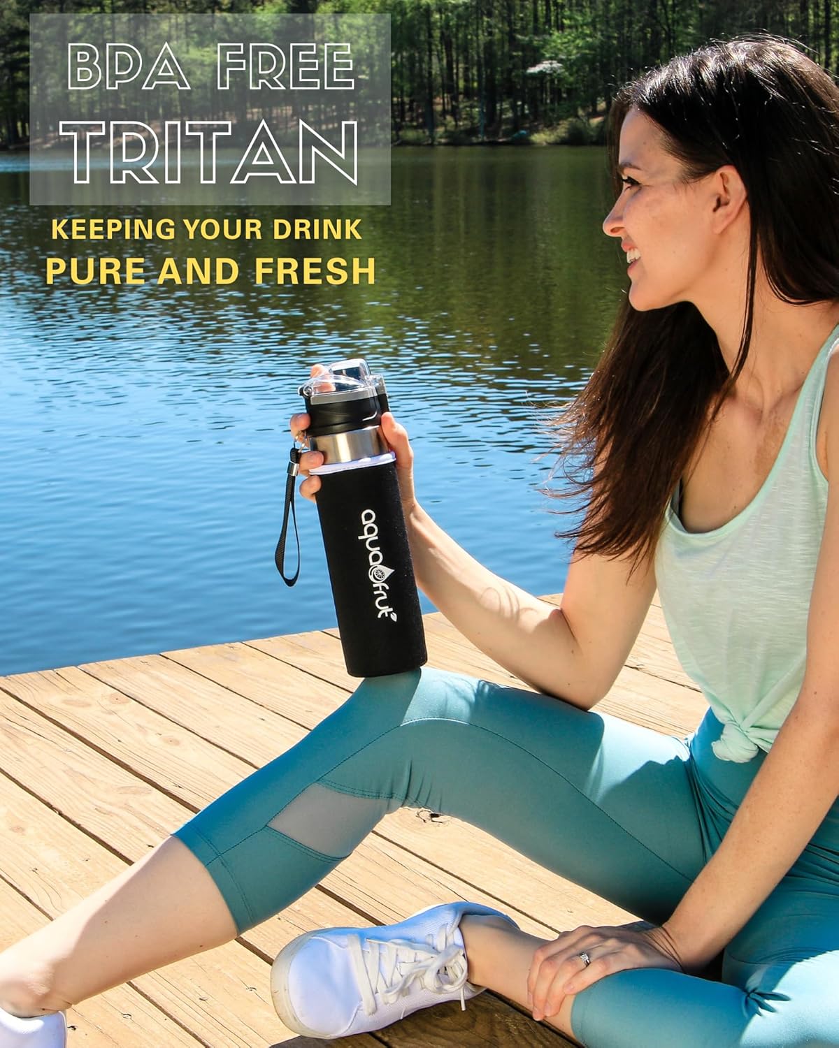 NEW Improved AquaFrut Bottom Loading Fruit Infuser Water Bottle Complete Bundle Includes Bottle Brush, Insulating Sleeve & Infusion Recipe eBook. Leak Proof Sweat Proof BPA-Free (Purple)