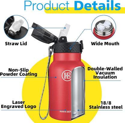 Han's Bottle Sports Water Bottle - 24 Oz, Straw Lid, Leak Proof, Vacuum Insulated Stainless Steel, Double Walled, Thermo Mug,Black