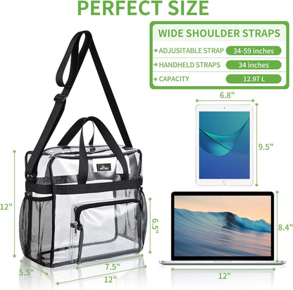 MAY TREE Clear Bag for Stadium Events, 12×5.5×12 Clear Tote Lunch Bag with Non-detachable Reinforced Straps for Work, Sporting Events and Gym, Black